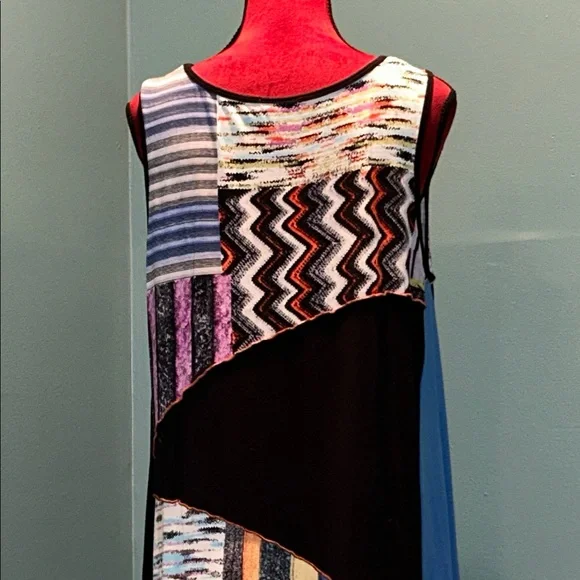 Sleeveless Patchwork Print Handkerchief Hem Dress - Blue & Black Size Large - Picture 7 of 14